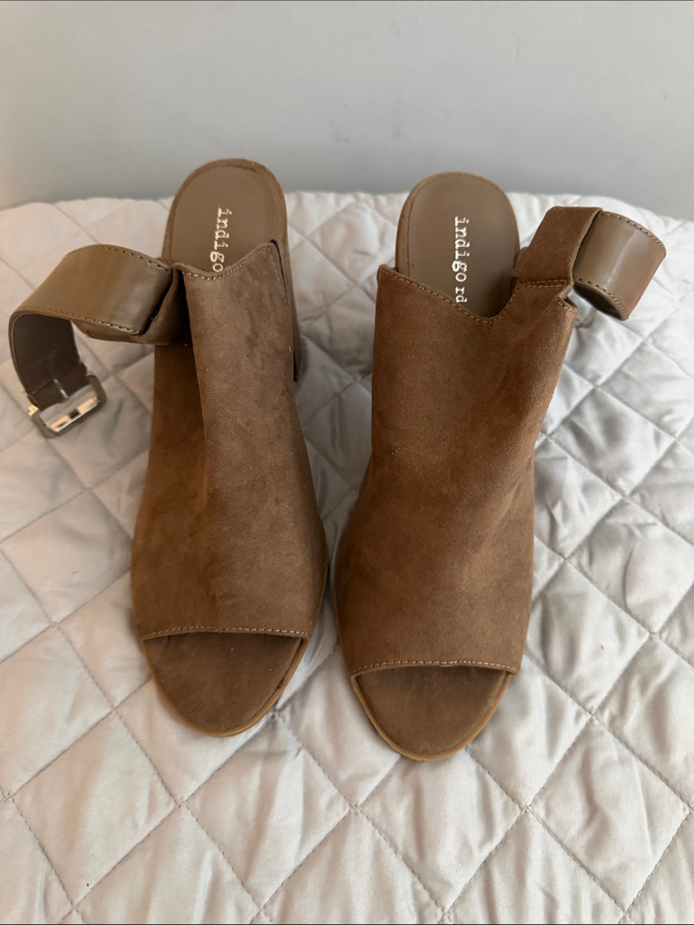 Indigo Brown Suede Open-Toe Mules with Ankle Strap
